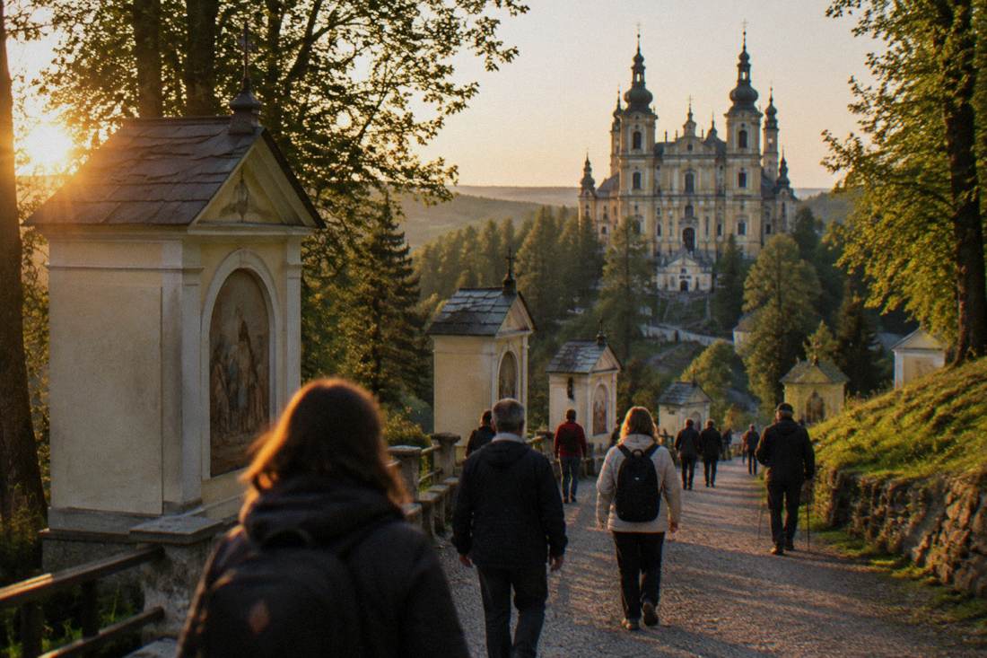 Pilgrims and visitors walking a gravel path between chapels on a wooded hillside in Wambierzyce