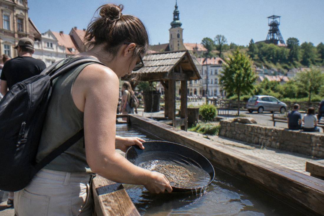 A visitor trying gold panning with a pan and water at a wooden trough