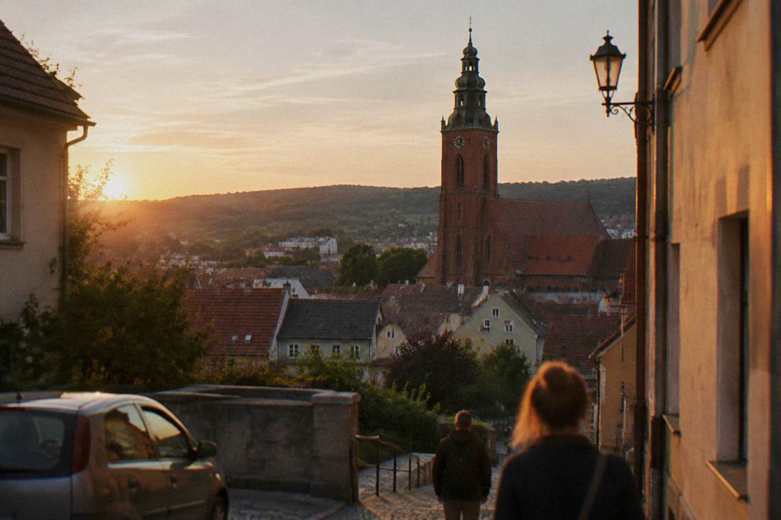 A red-brick church tower seen over rooftops in a Lower Silesian town