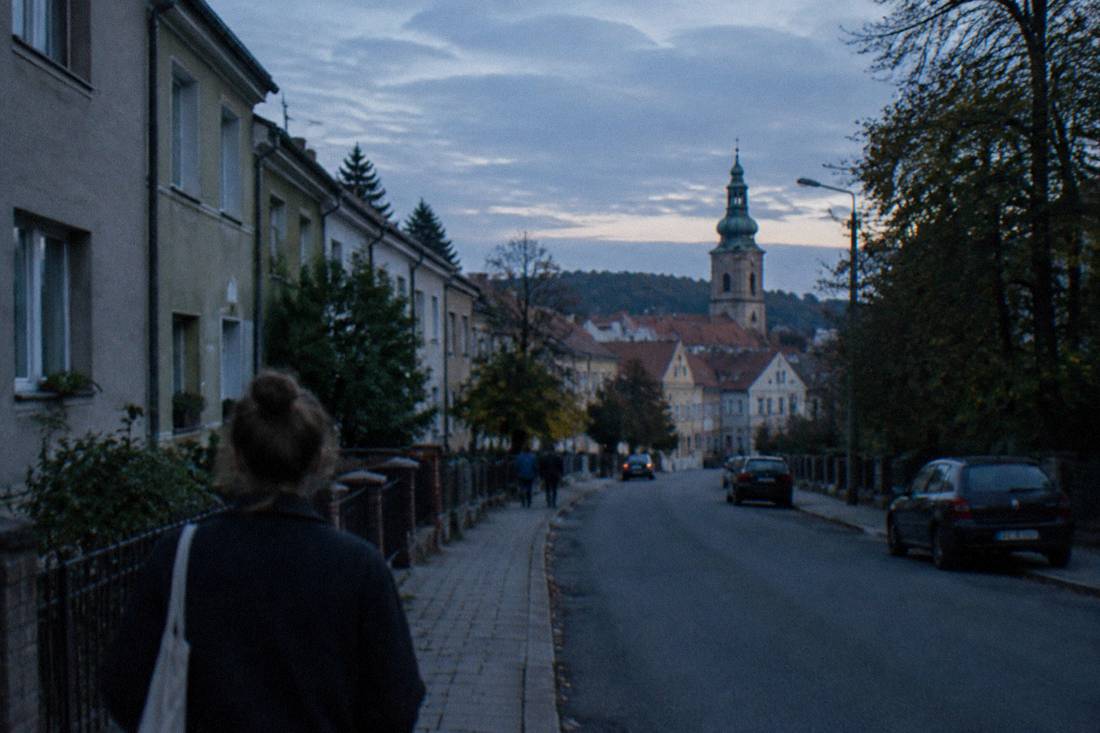 A quiet street of low townhouses and trees in a small Polish town in soft afternoon light