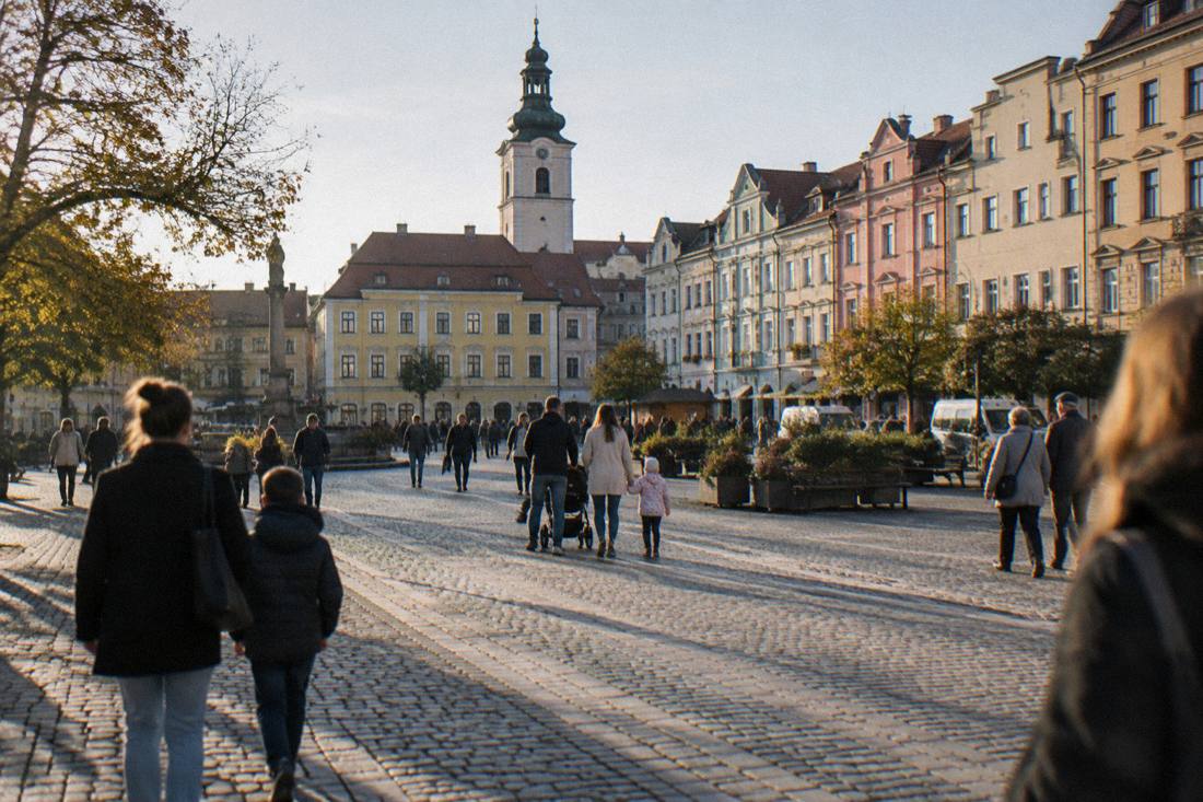 Families and walkers on a cobbled market square surrounded by colored facades
