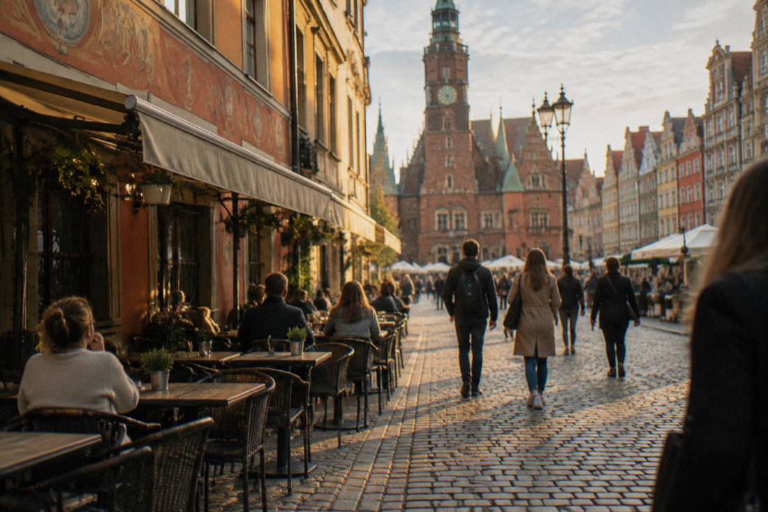 Cobblestone side street near a market square with cafe tables and chairs set out under a building with painted facades