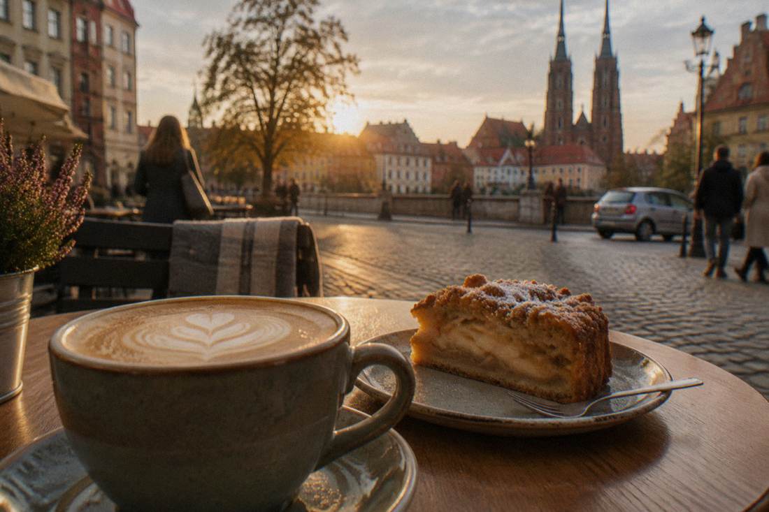 Close-up of a cup of latte art coffee beside a slice of apple cake on a small plate at a cafe table