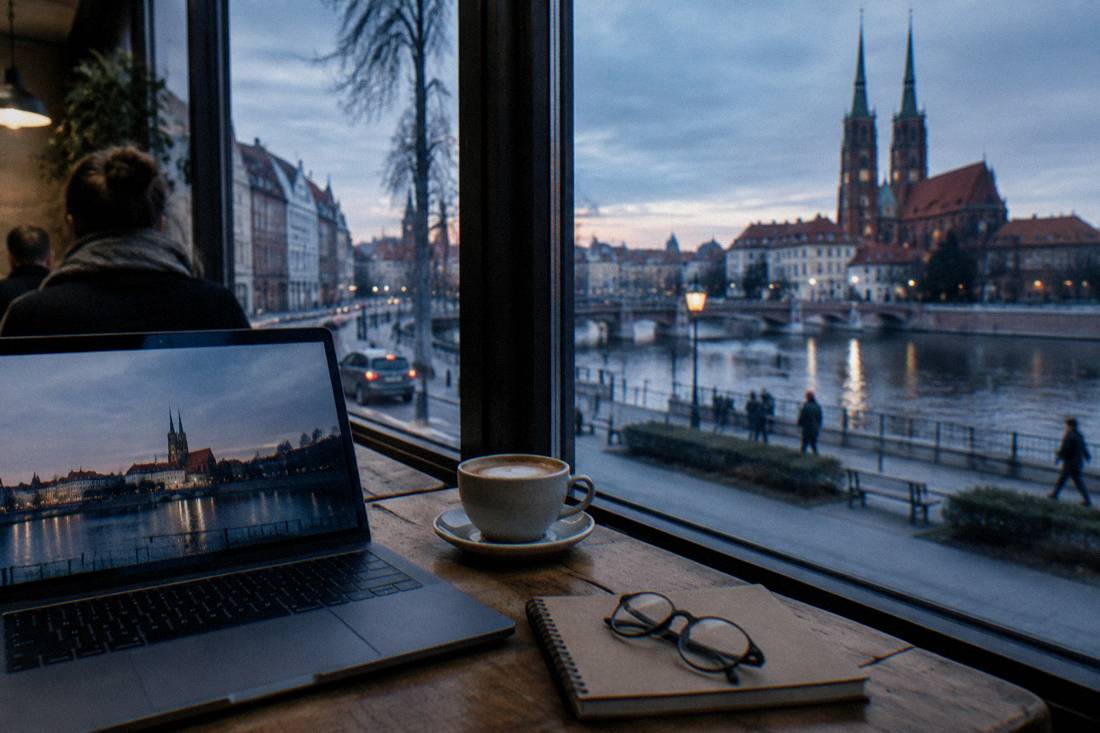 A laptop and coffee cup on a wooden cafe table with a notebook and glasses beside a window with daylight