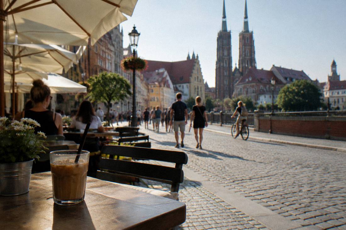 Outdoor cafe terrace in summer with parasols, iced coffee on a table, and a historic European street in the background