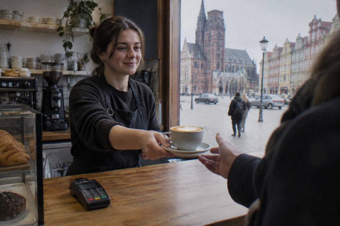 Barista handing a cup of coffee across a wooden cafe counter with a card reader on the counter
