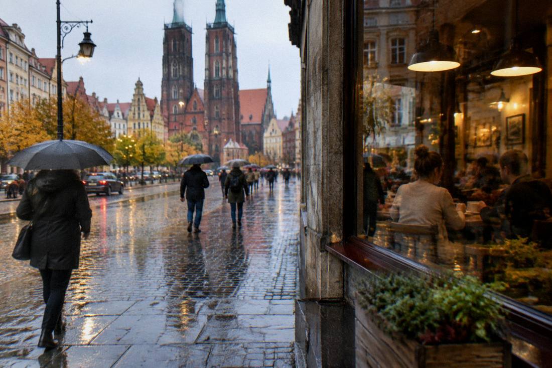 Rainy street scene with reflections on cobblestones and a warm-lit cafe window with people inside drinking coffee