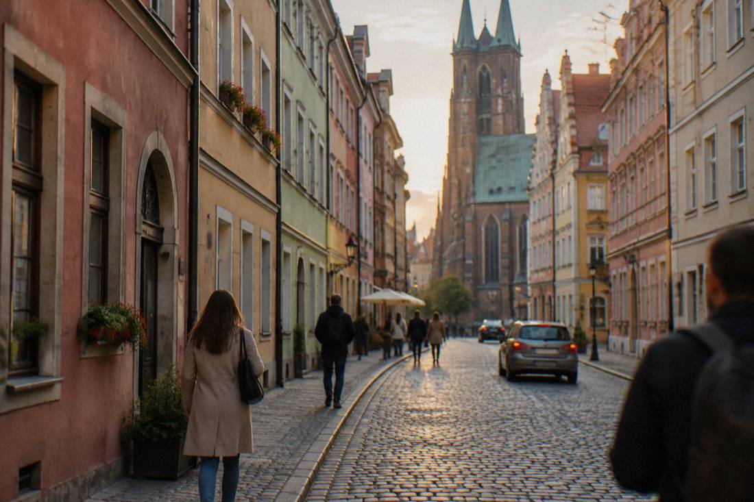 A narrow Old Town street in Wroclaw with pastel tenement houses and cobblestones