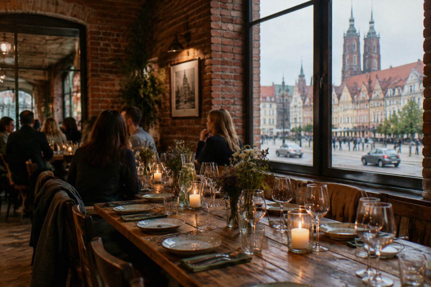 A long wooden table set for dinner inside a warm brick-walled restaurant in a Polish city old town