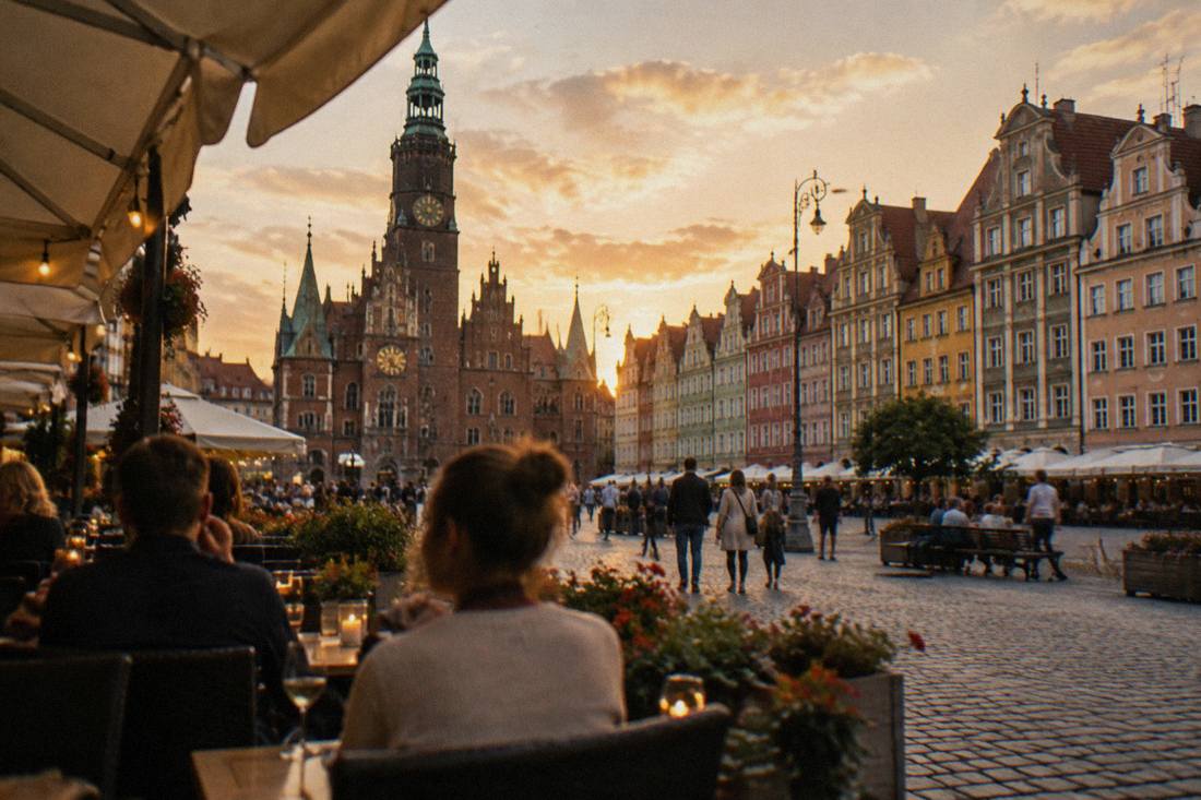 An evening restaurant terrace on a European market square with historic burgher houses behind it