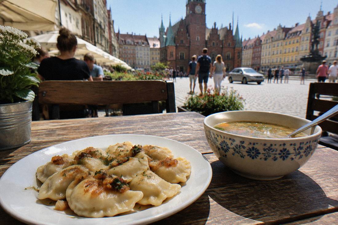 A plate of pierogi dumplings on a rustic wooden table beside a bowl of soup