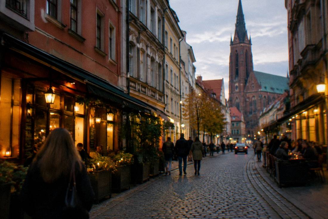 A narrow evening street in an old town with lit windows of small restaurants and bars