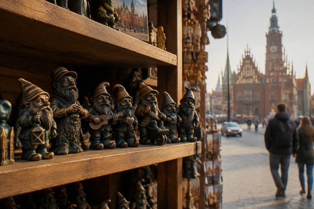 Small dwarf figurines lined up on a wooden shelf in a Wroclaw gift shop