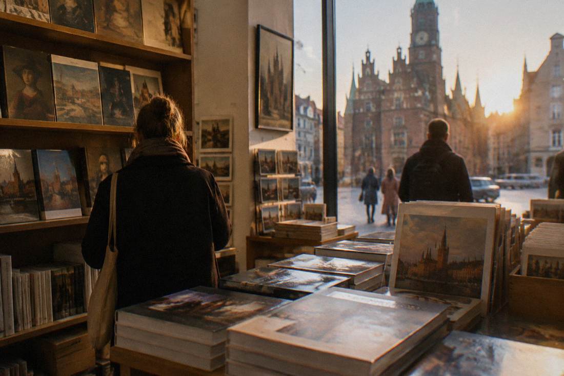 An art museum gift shop with shelves of catalogues and prints