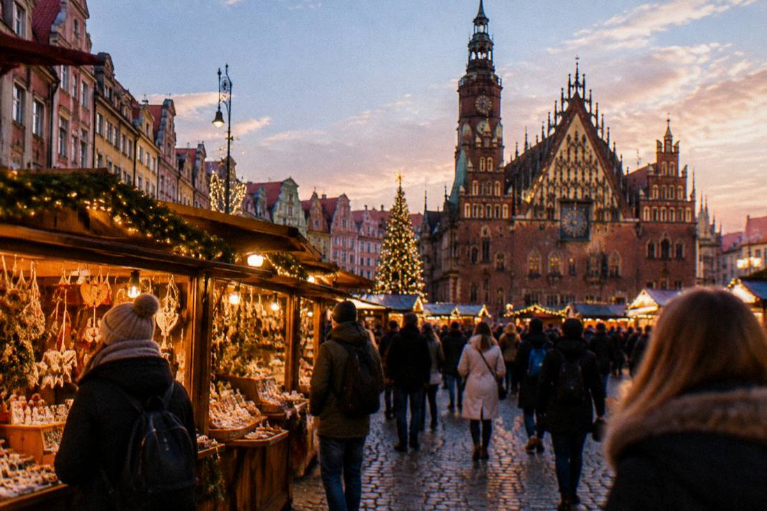 A festive market square at dusk with craft stalls lit up under winter lights