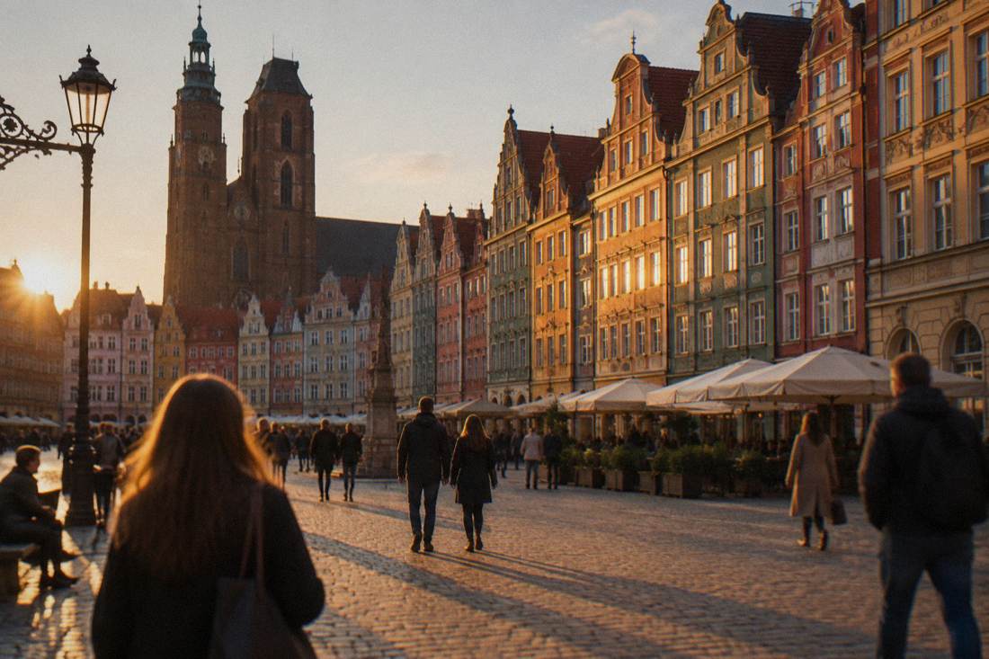 Warm late afternoon light striking the painted facades of townhouses on Wroclaw Market Square with long shadows across the cobblestones
