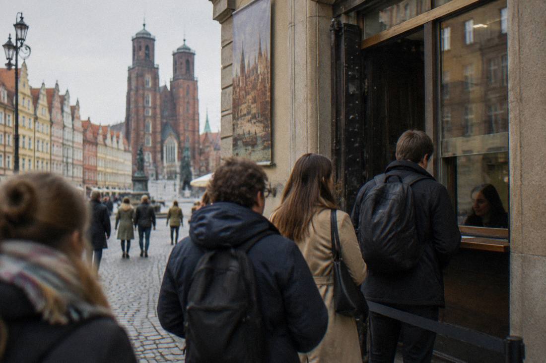 Visitors buying tickets at a museum entrance in central Wroclaw with the Old Town streets visible behind