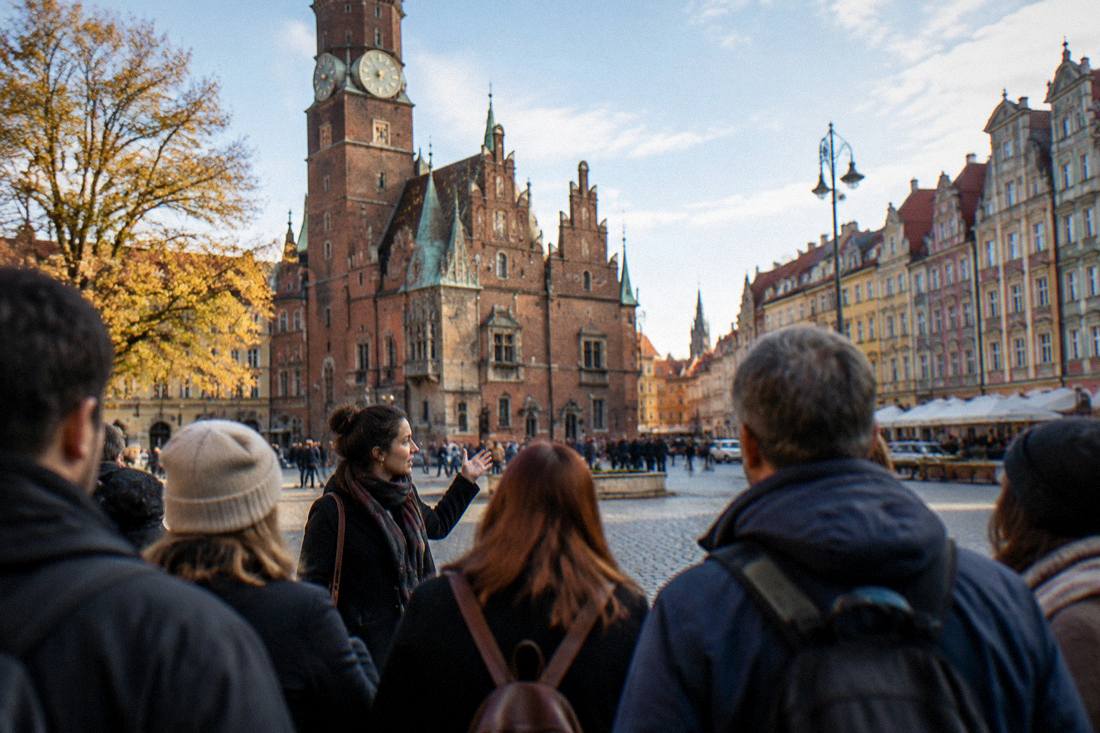 A walking tour group gathered with a guide on Wroclaw Market Square in front of the Old Town Hall