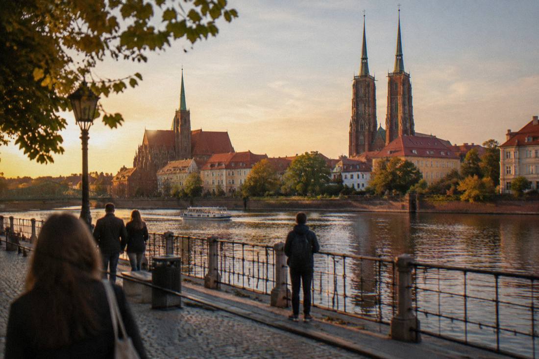 The Odra river in Wroclaw with Cathedral Island churches visible across the water