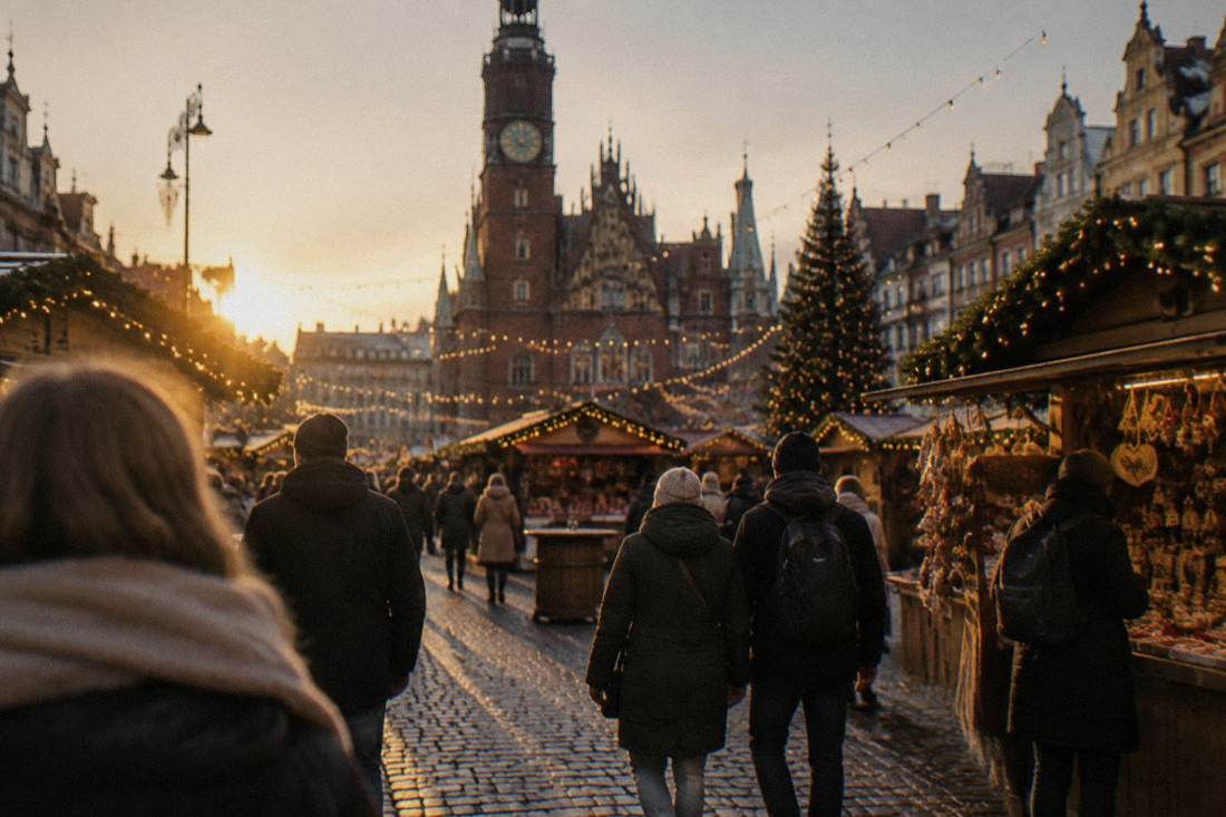 Fairy lights and wooden market stalls covering Wroclaw Market Square in December