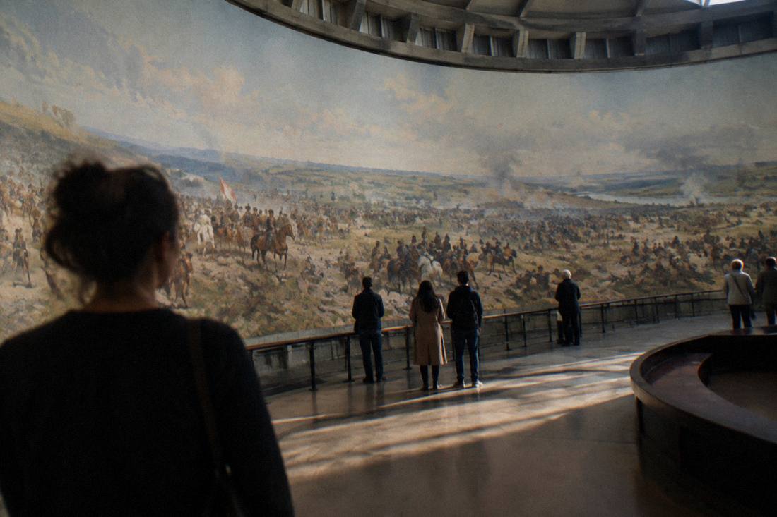 The interior of the Panorama Raclawicka rotunda with the circular painting on the wall