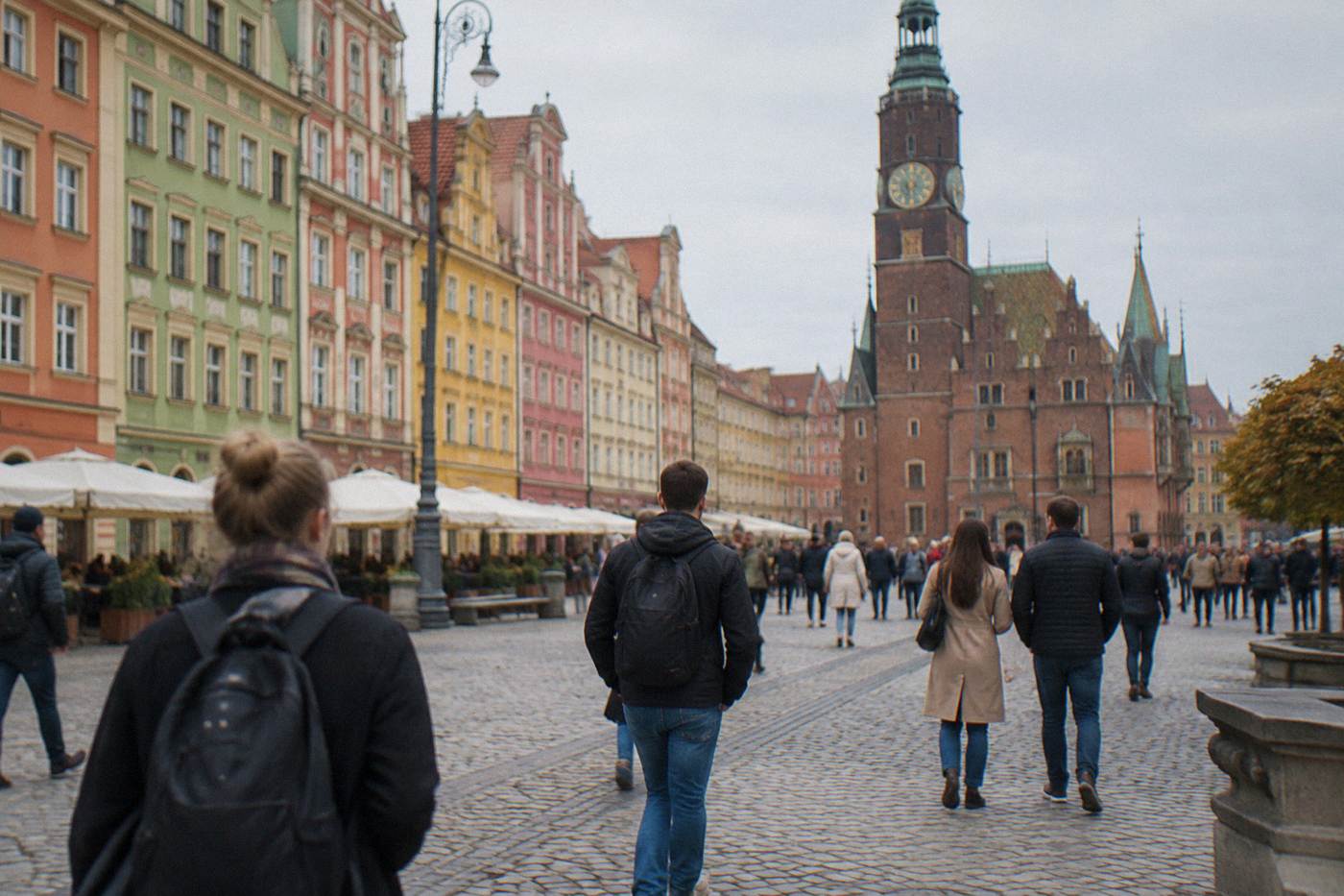 Visitors walking across Wroclaw's Market Square with colorful townhouses in the background