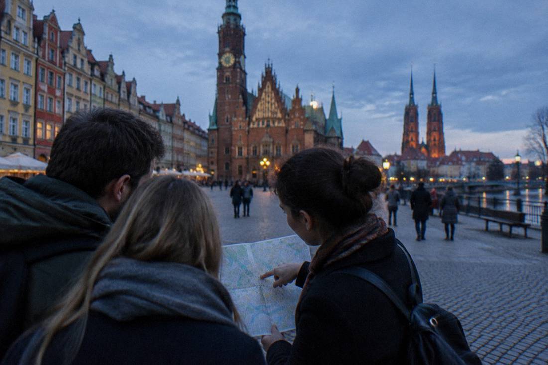 A private guide showing a couple a map of Wroclaw's Old Town streets