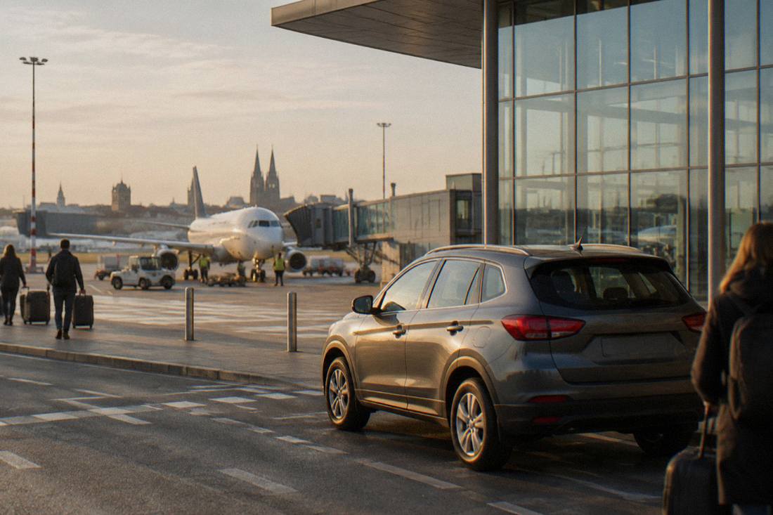 A rental car parked outside a modern airport terminal building with a plane at the gate behind it