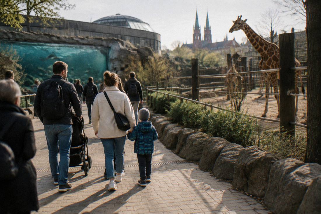 A family walking a paved path past animal enclosures at a large city zoo
