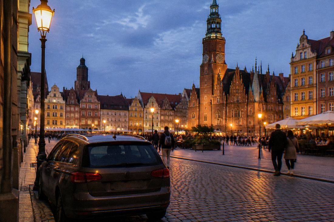 An evening view of a lit-up old town square with a car parked on a street in the foreground