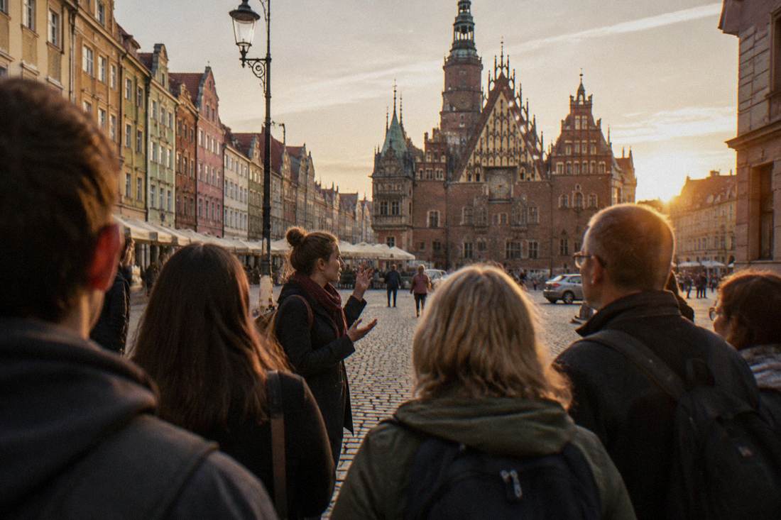 Tour group listening to a guide on a cobblestone street in Wroclaw Old Town
