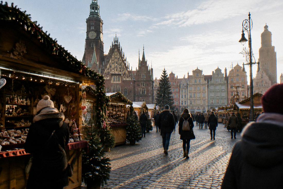 Festive wooden market stalls set out on Wroclaw Market Square in December
