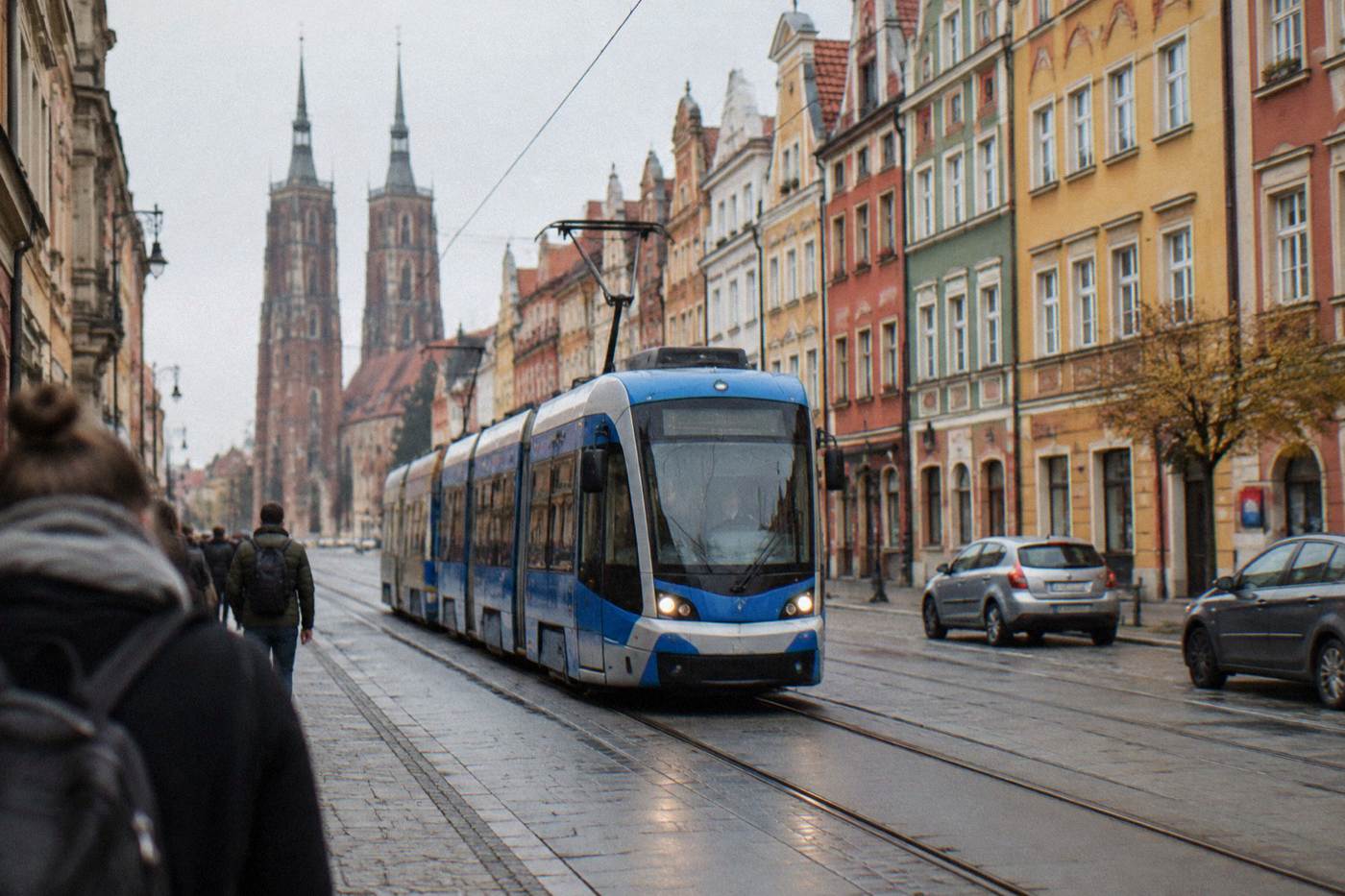 A modern Wroclaw tram moving along a street lined with colorful townhouses