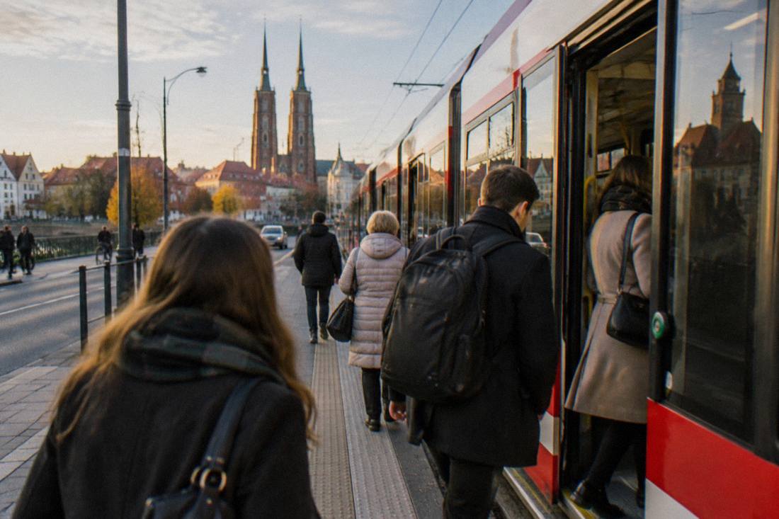 Commuters boarding a red and white tram at a stop in central Wroclaw
