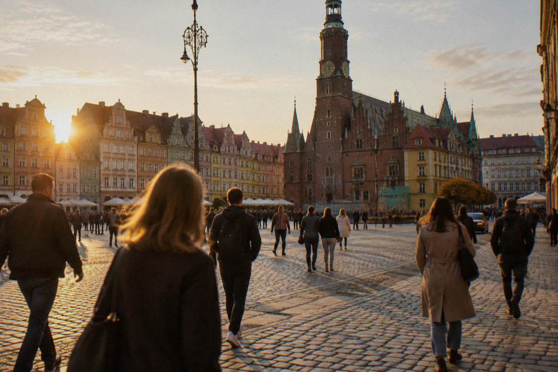 Pedestrians crossing the large open Market Square in Wroclaw on a sunny afternoon