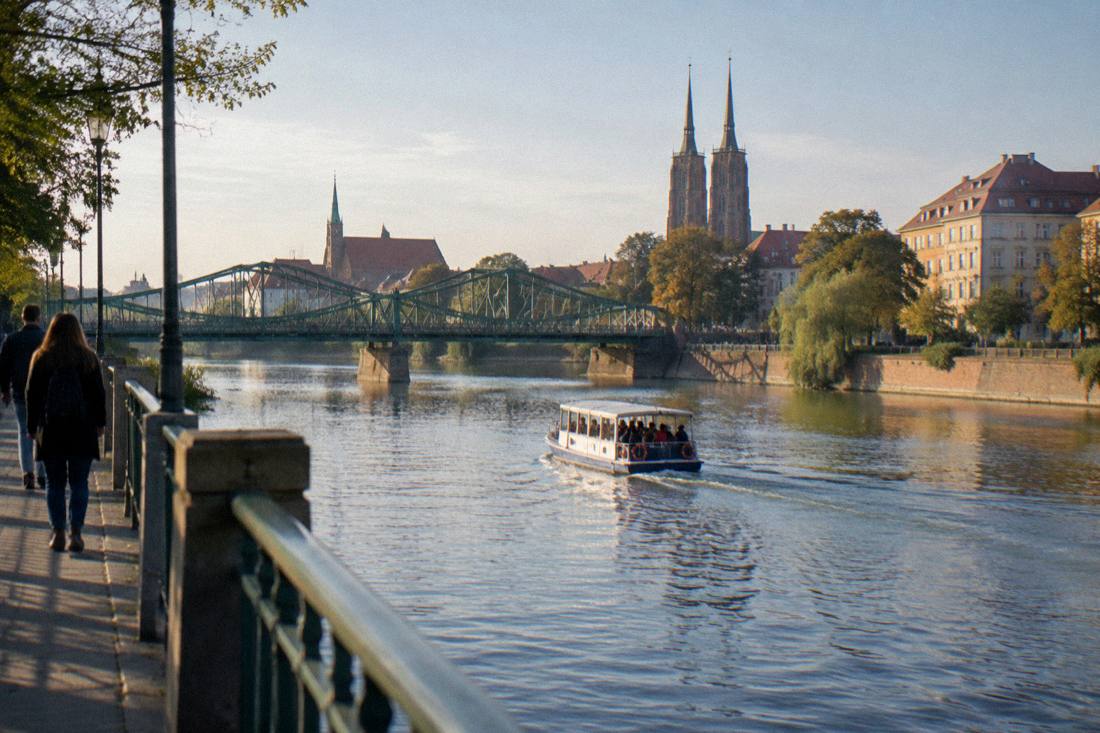 A small passenger boat cruising on the Odra river past Wroclaw's riverside buildings