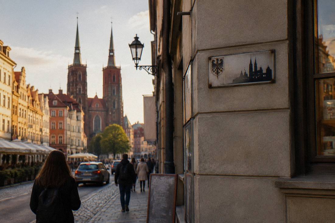 A street sign with the city name Wroclaw on a building wall in the old town