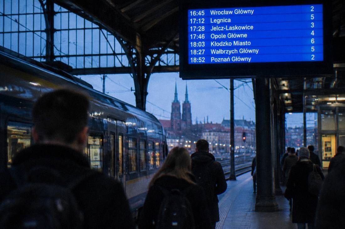 A departure board at Wroclaw railway station showing Polish city names