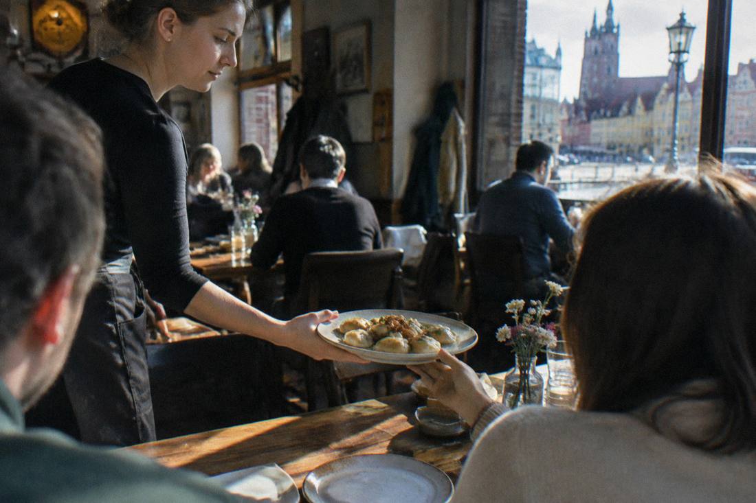 A server handing a plate of pierogi to a customer at a busy Polish restaurant table