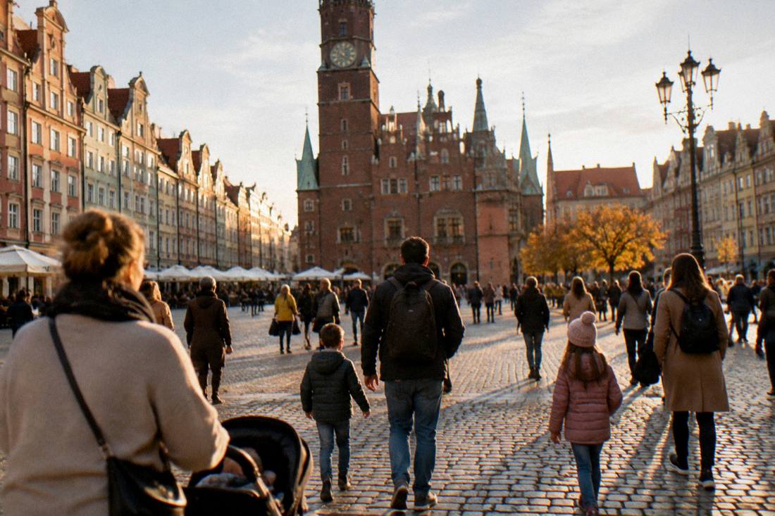Families and visitors strolling across Wroclaw Market Square in warm evening light