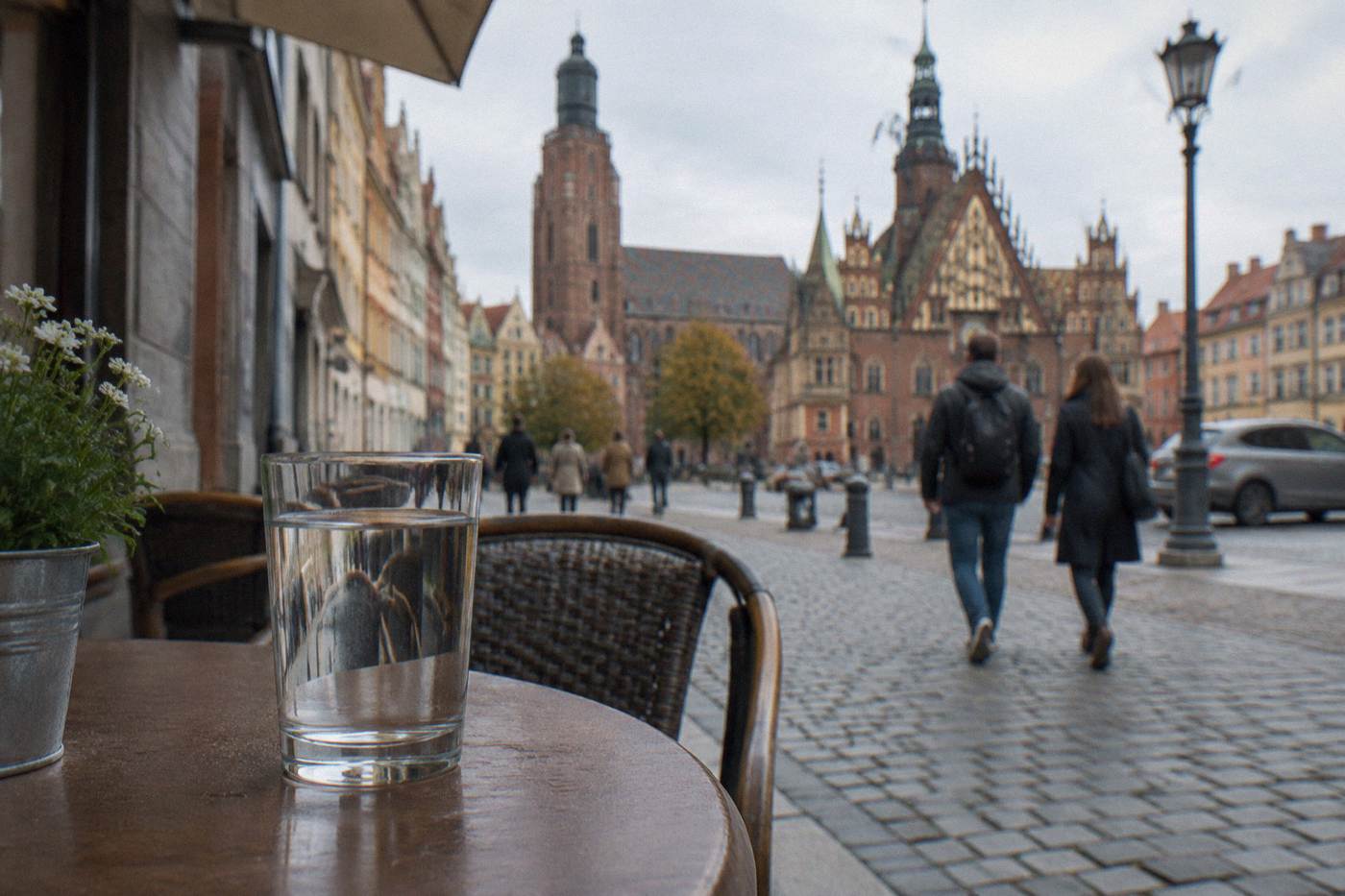 A glass of clear tap water standing on a cafe table beside an old town street in Wroclaw