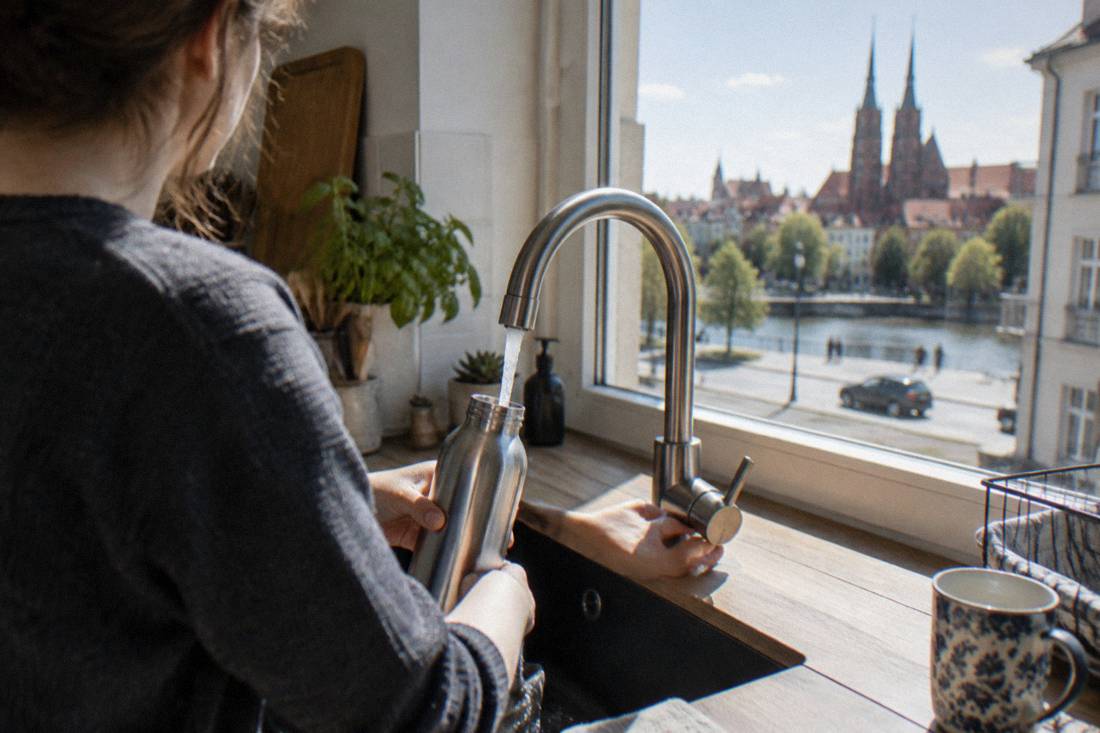 A metal refillable bottle being filled at a modern kitchen tap in a Wroclaw apartment