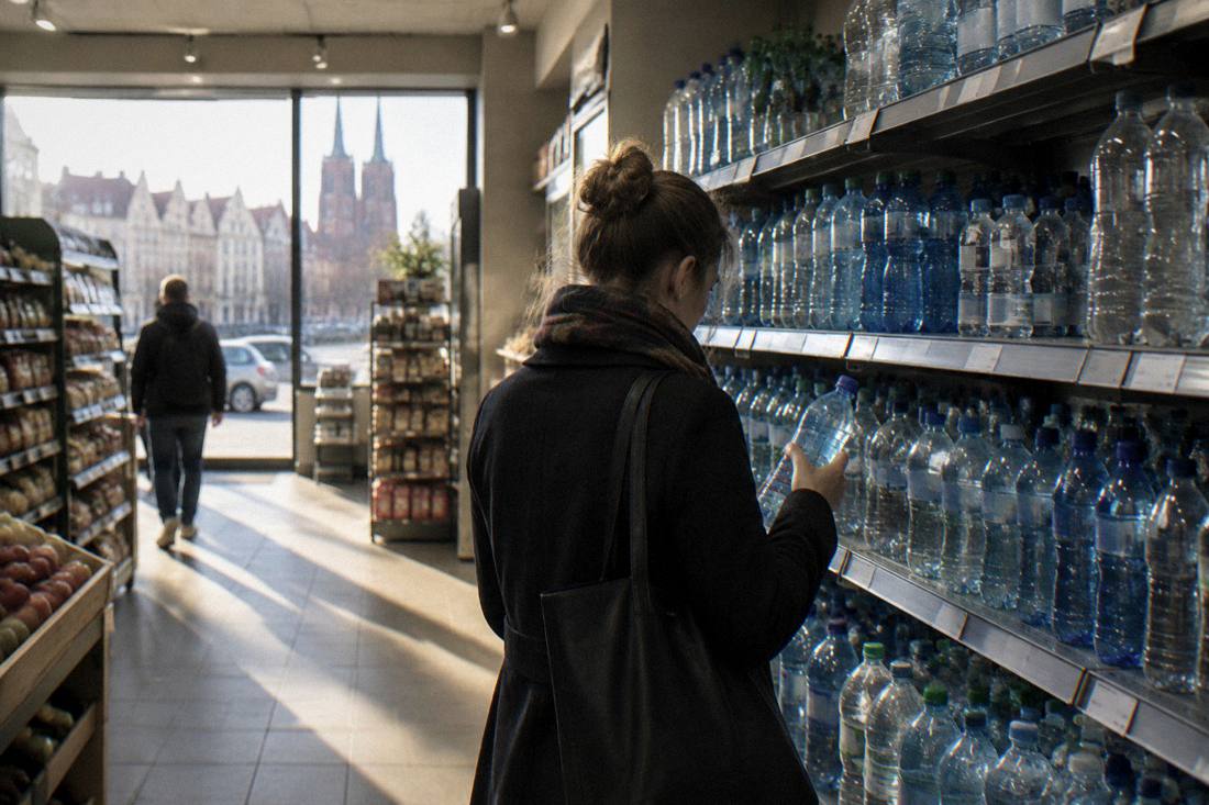 Shelves of bottled water in a small grocery store in Wroclaw with a shopper choosing a bottle