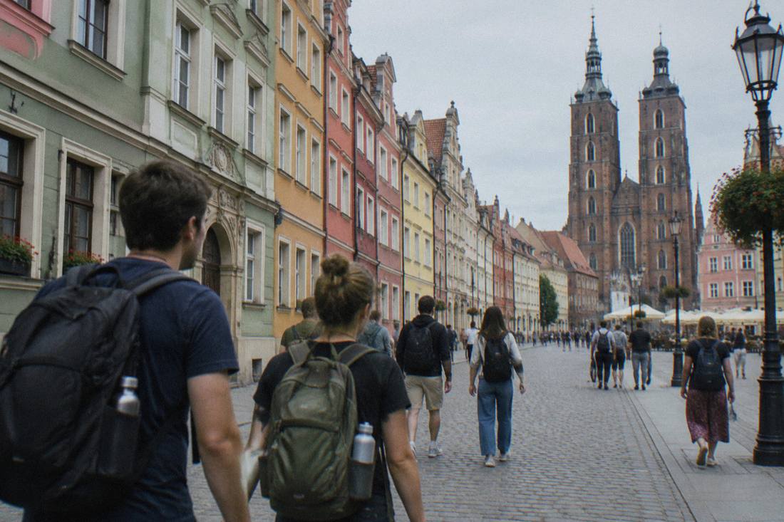 Visitors walking with daypacks and water bottles along a street of colorful townhouses in Wroclaw old town