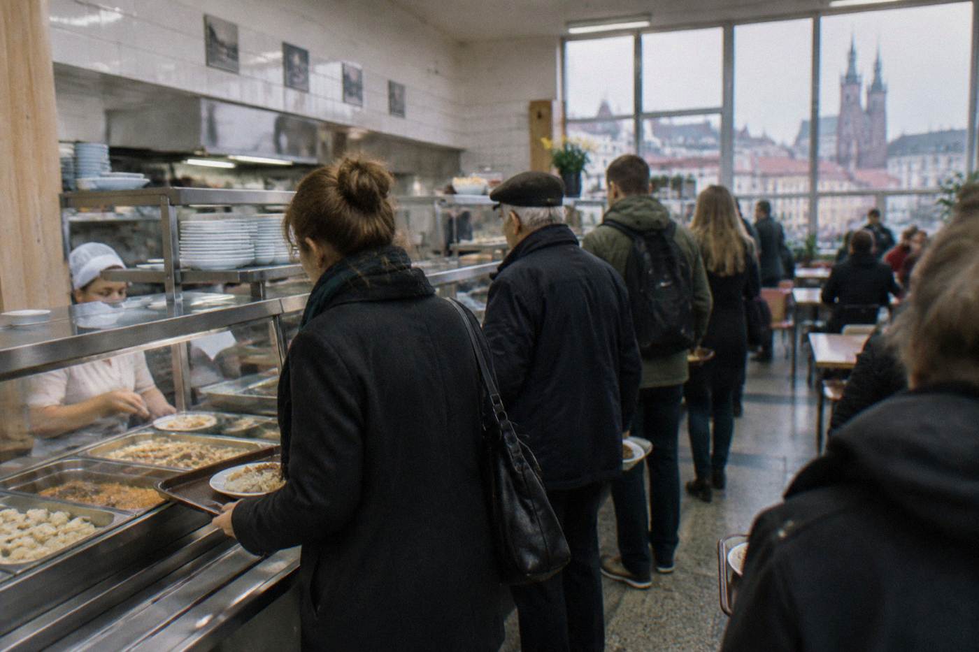 A busy Polish milk bar cafeteria with stainless steel serving counters and customers holding trays
