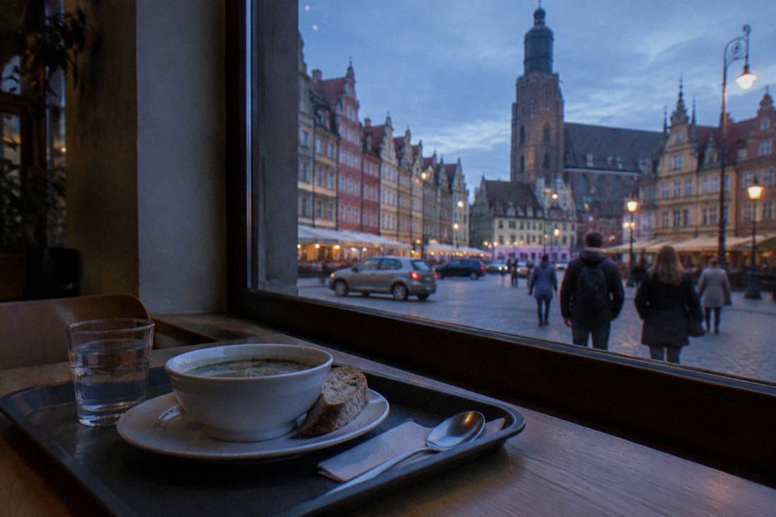 A cafeteria tray on a wooden table beside a window with a view of a European old town street