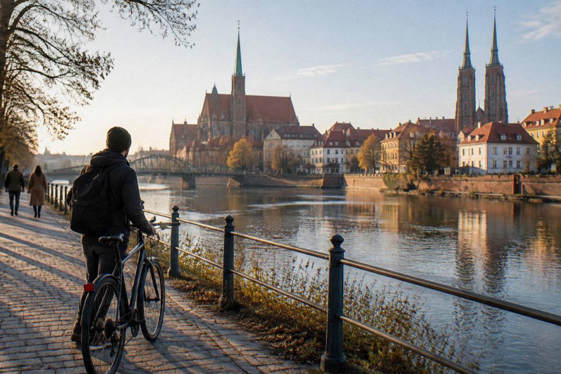 A cyclist pausing beside a riverside path in a Central European city with historic buildings
