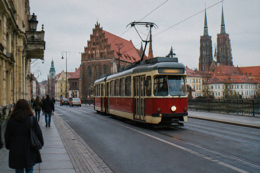 A red and cream tram passing historic buildings on a city street in Poland