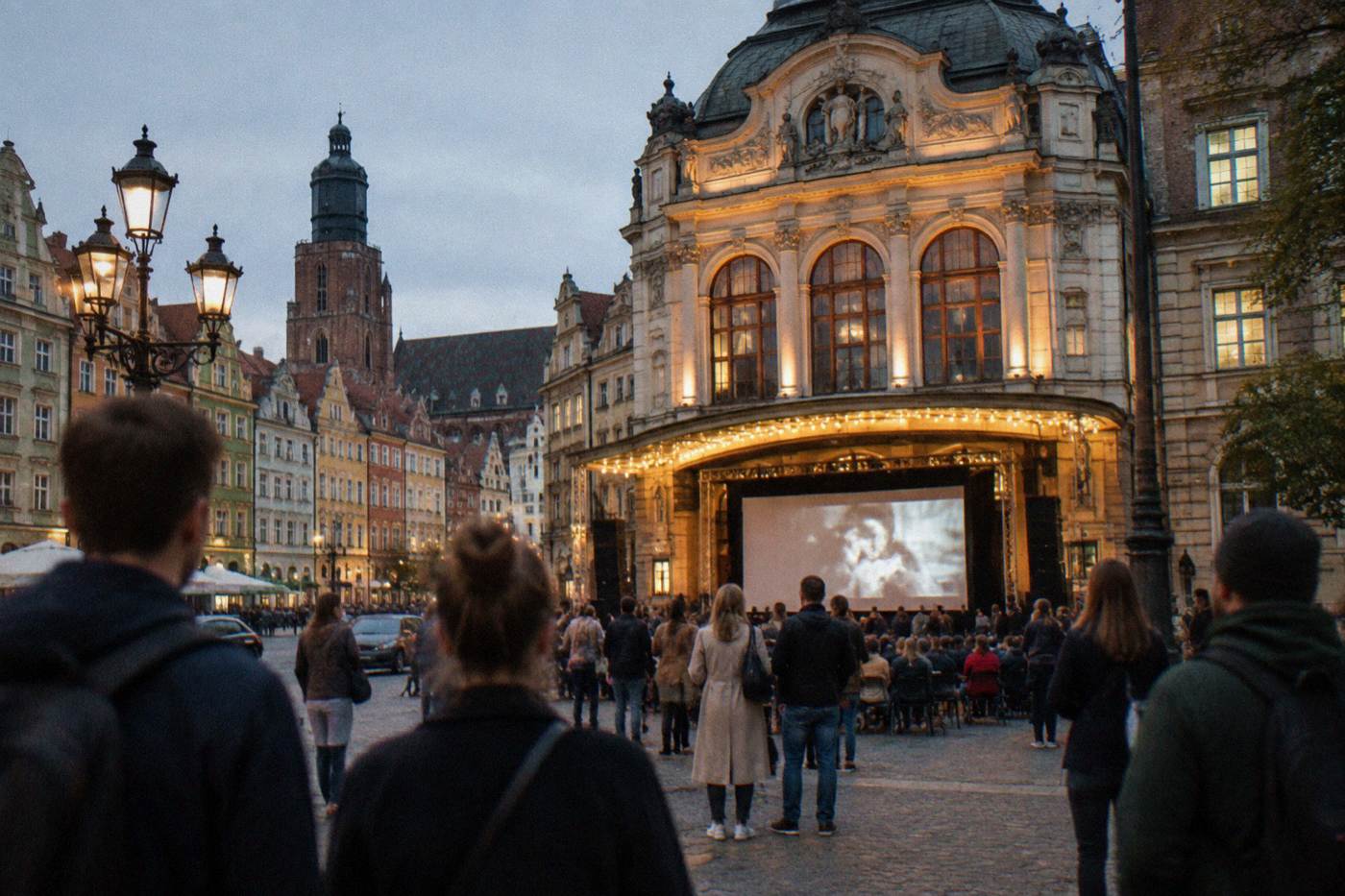 A historic cinema facade in Wroclaw Old Town lit up for an evening film screening
