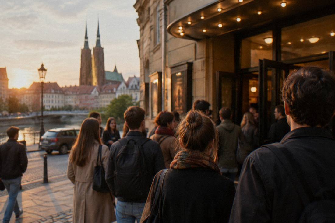 Audience members gathering outside a Wroclaw cinema entrance in the early evening